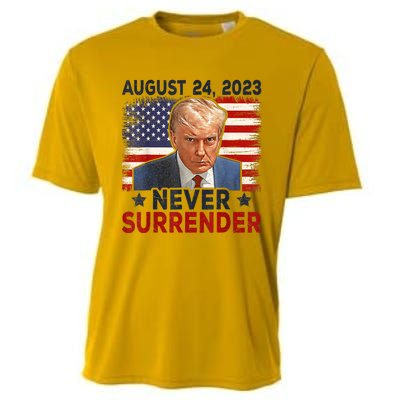 Trump Mug Shot Donald Trump Mug Shot Never Surrender America Flag Cooling Performance Crew T-Shirt