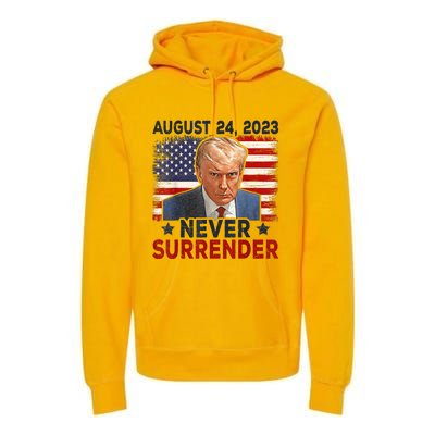 Trump Mug Shot Donald Trump Mug Shot Never Surrender America Flag Premium Hoodie