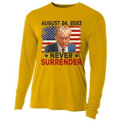 Trump Mug Shot Donald Trump Mug Shot Never Surrender America Flag Cooling Performance Long Sleeve Crew