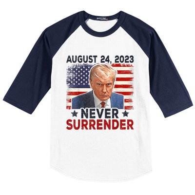 Trump Mug Shot Donald Trump Mug Shot Never Surrender America Flag Baseball Sleeve Shirt