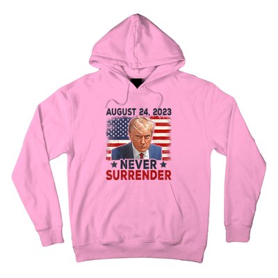 Trump Mug Shot Donald Trump Mug Shot Never Surrender America Flag Hoodie