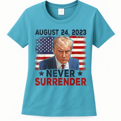 Trump Mug Shot Donald Trump Mug Shot Never Surrender America Flag Womens T-Shirt