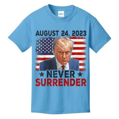 Trump Mug Shot Donald Trump Mug Shot Never Surrender America Flag Kids T-Shirt