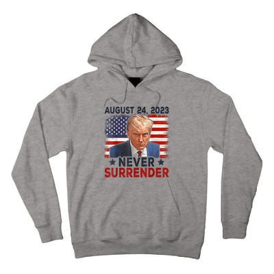 Trump Mug Shot Donald Trump Mug Shot Never Surrender America Flag Tall Hoodie