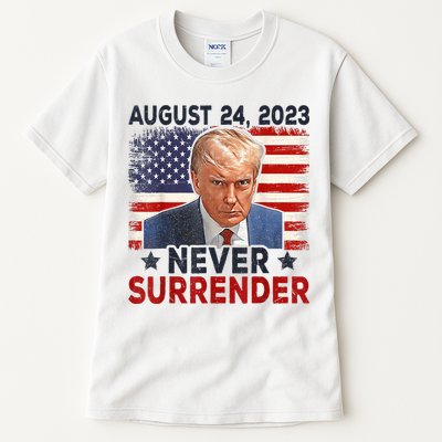 Trump Mug Shot Donald Trump Mug Shot Never Surrender America Flag Tall T-Shirt