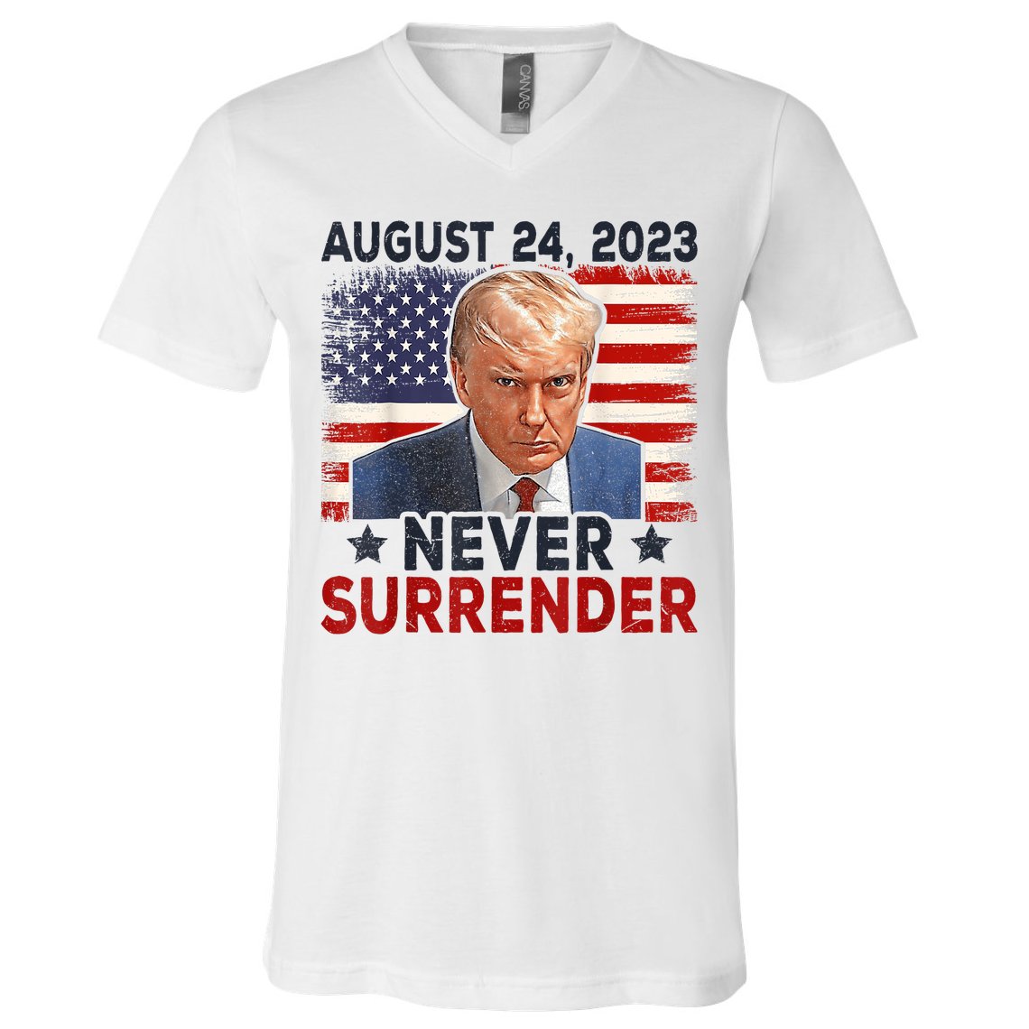 Trump Mug Shot Donald Trump Mug Shot Never Surrender America Flag V-Neck T-Shirt