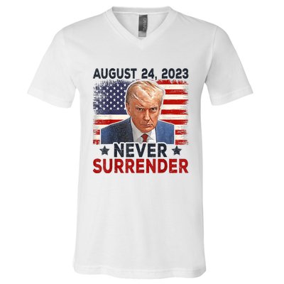 Trump Mug Shot Donald Trump Mug Shot Never Surrender America Flag V-Neck T-Shirt