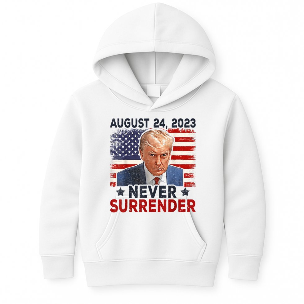 Trump Mug Shot Donald Trump Mug Shot Never Surrender America Flag Kids Hoodie