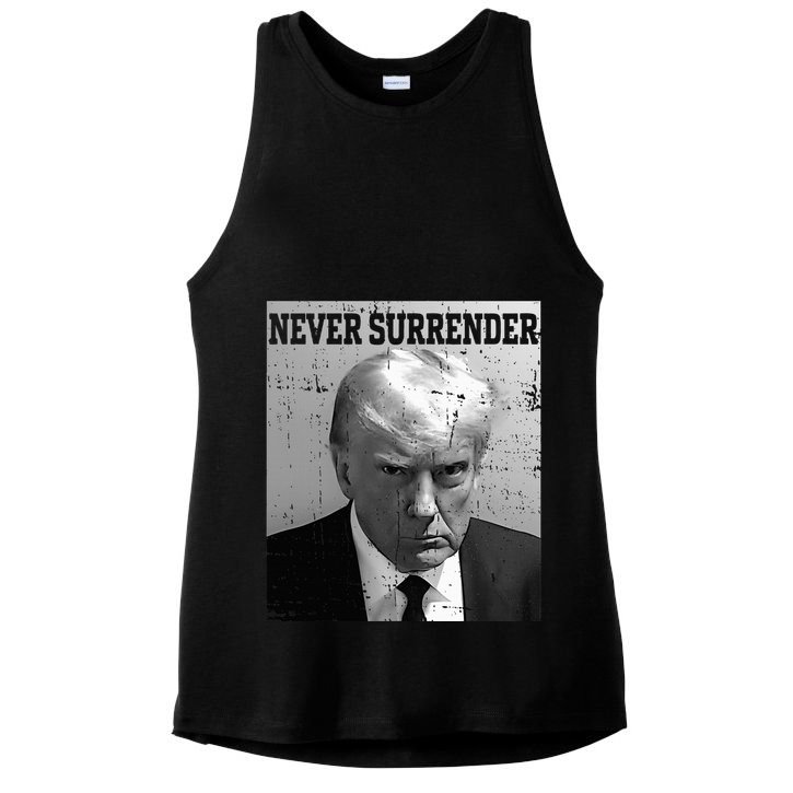 Trump Mug Shot Donald Trump Mug Shot Never Surrender Ladies PosiCharge Tri-Blend Wicking Tank