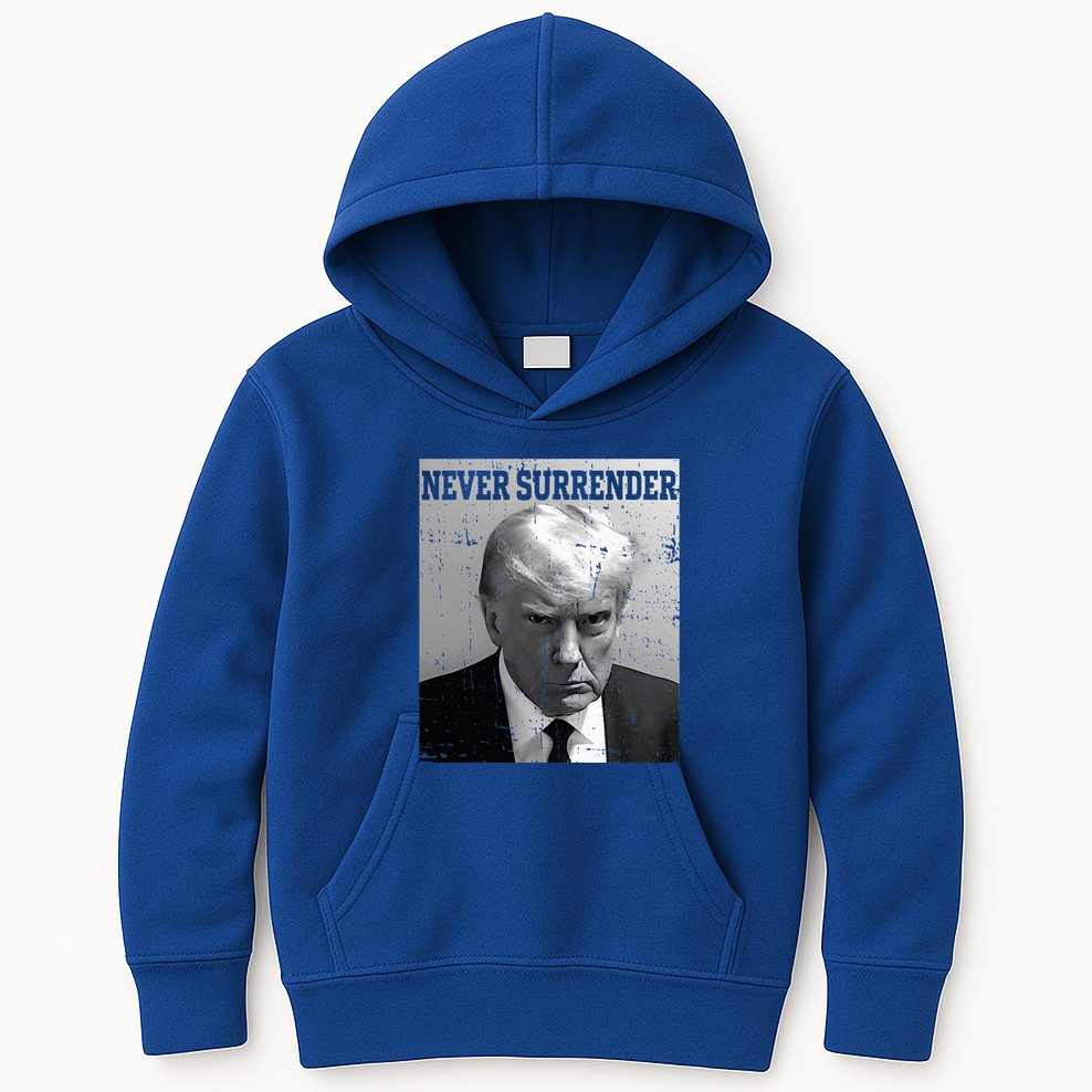 Trump Mug Shot Donald Trump Mug Shot Never Surrender Kids Hoodie