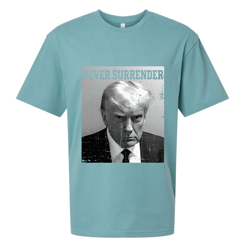 Trump Mug Shot Donald Trump Mug Shot Never Surrender Sueded Cloud Jersey T-Shirt
