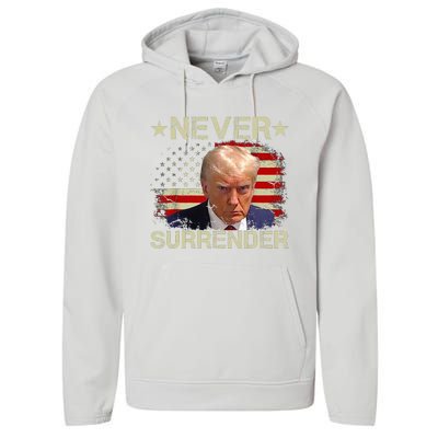 Trump Mug Shot Never Surrender Pro Trump American Flag Performance Fleece Hoodie