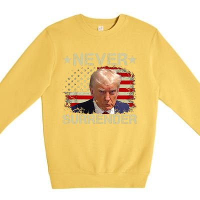 Trump Mug Shot Never Surrender Pro Trump American Flag Premium Crewneck Sweatshirt