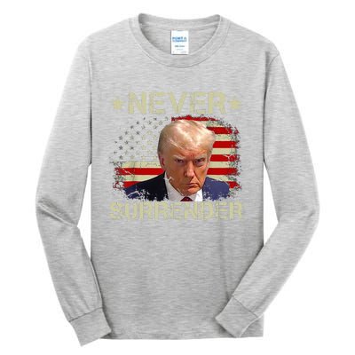 Trump Mug Shot Never Surrender Pro Trump American Flag Tall Long Sleeve T-Shirt