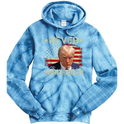 Trump Mug Shot Never Surrender Pro Trump American Flag Tie Dye Hoodie