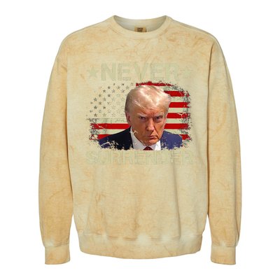 Trump Mug Shot Never Surrender Pro Trump American Flag Colorblast Crewneck Sweatshirt