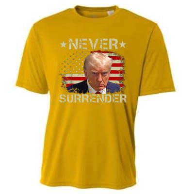 Trump Mug Shot Never Surrender Pro Trump American Flag Cooling Performance Crew T-Shirt