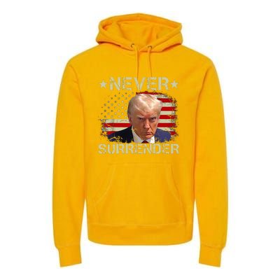 Trump Mug Shot Never Surrender Pro Trump American Flag Premium Hoodie