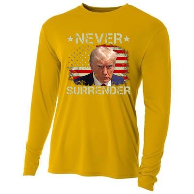 Trump Mug Shot Never Surrender Pro Trump American Flag Cooling Performance Long Sleeve Crew