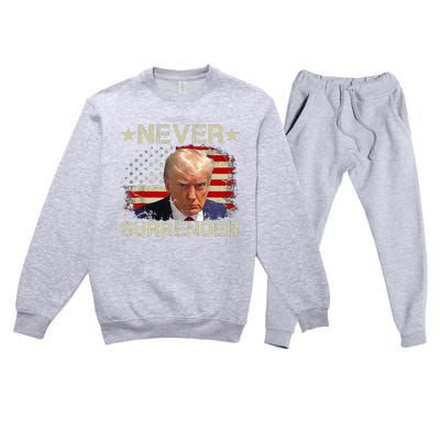 Trump Mug Shot Never Surrender Pro Trump American Flag Premium Crewneck Sweatsuit Set