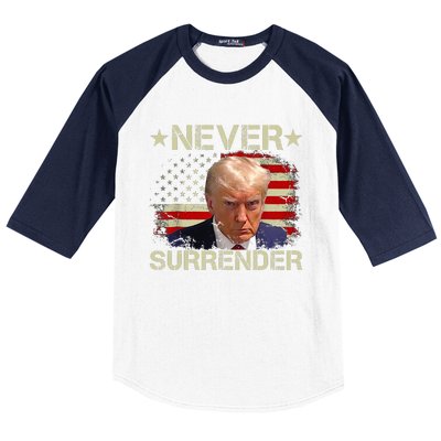 Trump Mug Shot Never Surrender Pro Trump American Flag Baseball Sleeve Shirt