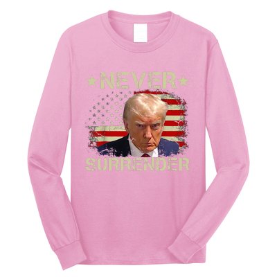 Trump Mug Shot Never Surrender Pro Trump American Flag Long Sleeve Shirt