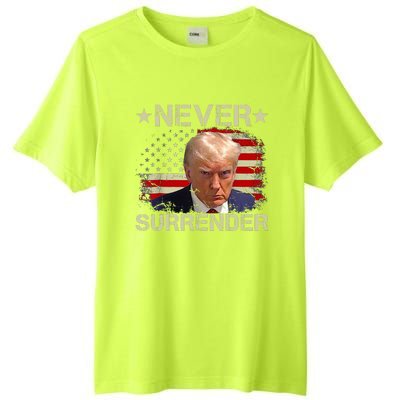 Trump Mug Shot Never Surrender Pro Trump American Flag Tall Fusion ChromaSoft Performance T-Shirt