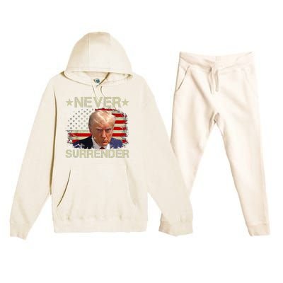 Trump Mug Shot Never Surrender Pro Trump American Flag Premium Hooded Sweatsuit Set