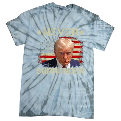 Trump Mug Shot Never Surrender Pro Trump American Flag Tie-Dye T-Shirt