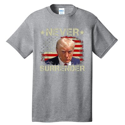 Trump Mug Shot Never Surrender Pro Trump American Flag Tall T-Shirt