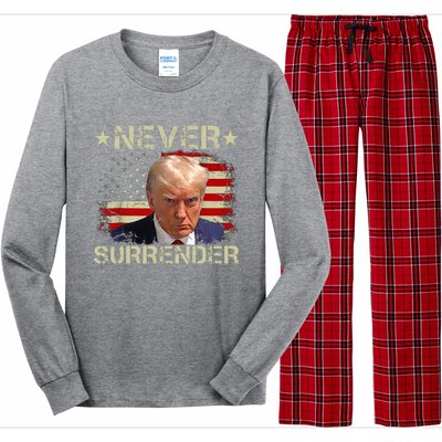 Trump Mug Shot Never Surrender Pro Trump American Flag Long Sleeve Pajama Set