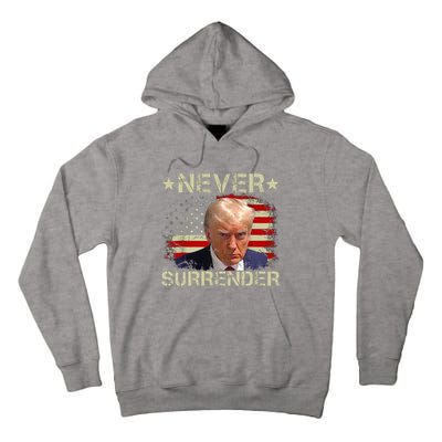 Trump Mug Shot Never Surrender Pro Trump American Flag Tall Hoodie