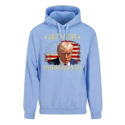 Trump Mug Shot Never Surrender Pro Trump American Flag Unisex Surf Hoodie