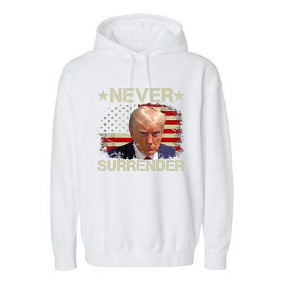 Trump Mug Shot Never Surrender Pro Trump American Flag Garment-Dyed Fleece Hoodie