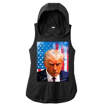 Trump Mug Shot Patriotic Jumbo Size Ladies PosiCharge Tri-Blend Wicking Draft Hoodie Tank