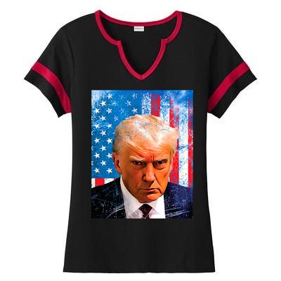 Trump Mug Shot Patriotic Jumbo Size Ladies Halftime Notch Neck Tee