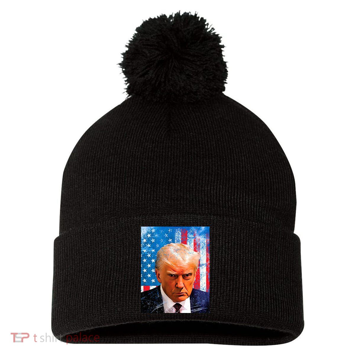 Trump Mug Shot Patriotic Jumbo Size Pom Pom 12in Knit Beanie