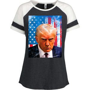 Trump Mug Shot Patriotic Jumbo Size Enza Ladies Jersey Colorblock Tee