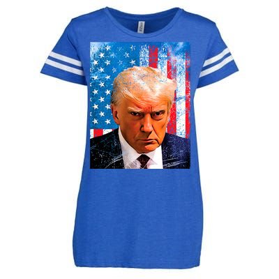 Trump Mug Shot Patriotic Jumbo Size Enza Ladies Jersey Football T-Shirt