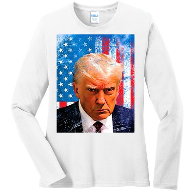 Trump Mug Shot Patriotic Jumbo Size Ladies Long Sleeve Shirt