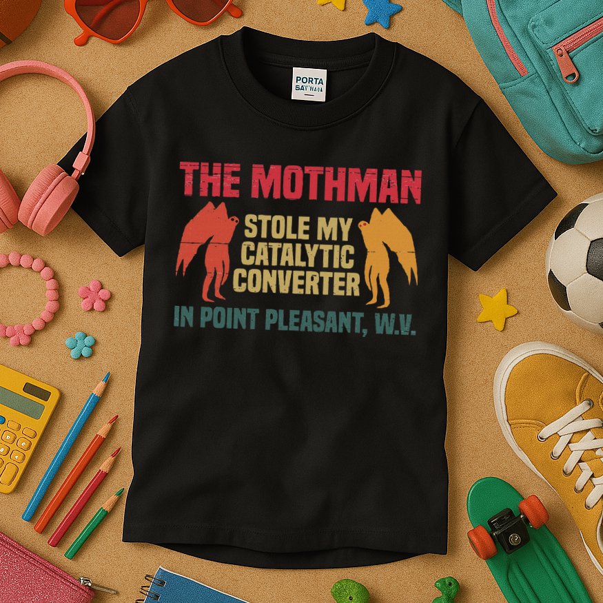 The Mothman Stole My Catalytic Converter In Point Vintage Kids T-Shirt