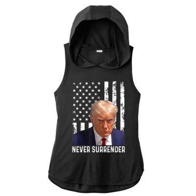 Trump Mug Shot Donald Trump Mug Shot Never Surrender Ladies PosiCharge Tri-Blend Wicking Draft Hoodie Tank