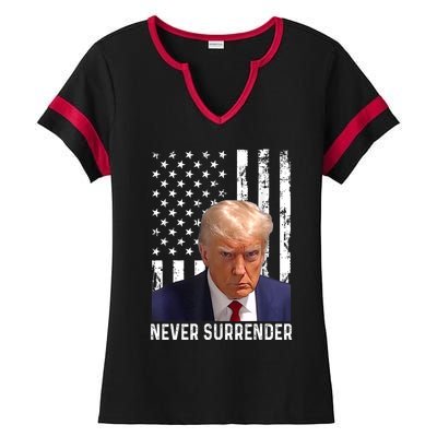 Trump Mug Shot Donald Trump Mug Shot Never Surrender Ladies Halftime Notch Neck Tee