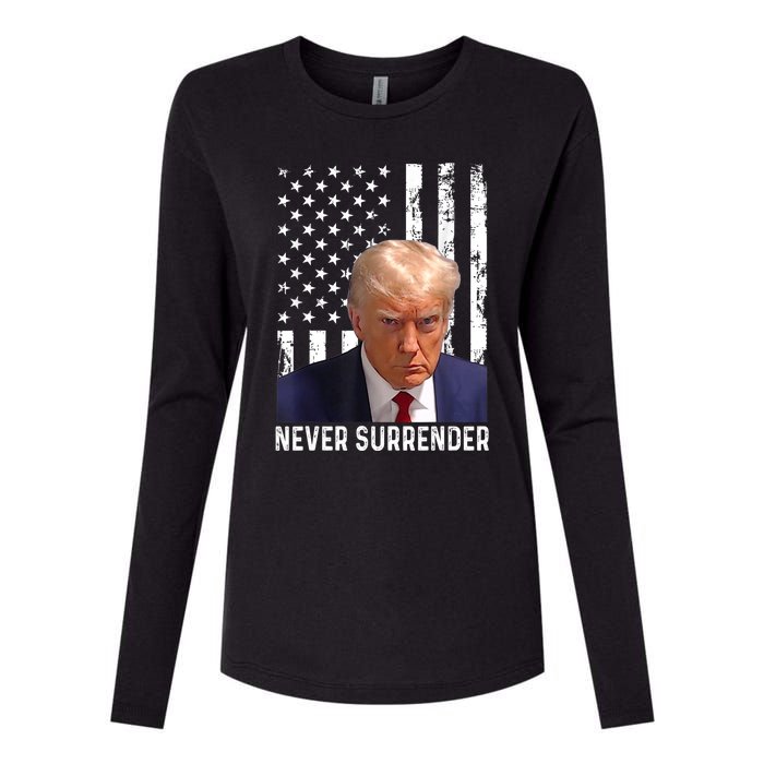 Trump Mug Shot Donald Trump Mug Shot Never Surrender Womens Cotton Relaxed Long Sleeve T-Shirt