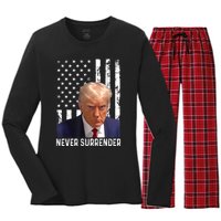 Trump Mug Shot Donald Trump Mug Shot Never Surrender Women's Long Sleeve Flannel Pajama Set 