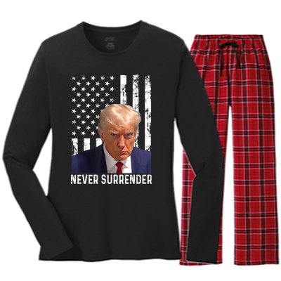 Trump Mug Shot Donald Trump Mug Shot Never Surrender Women's Long Sleeve Flannel Pajama Set 