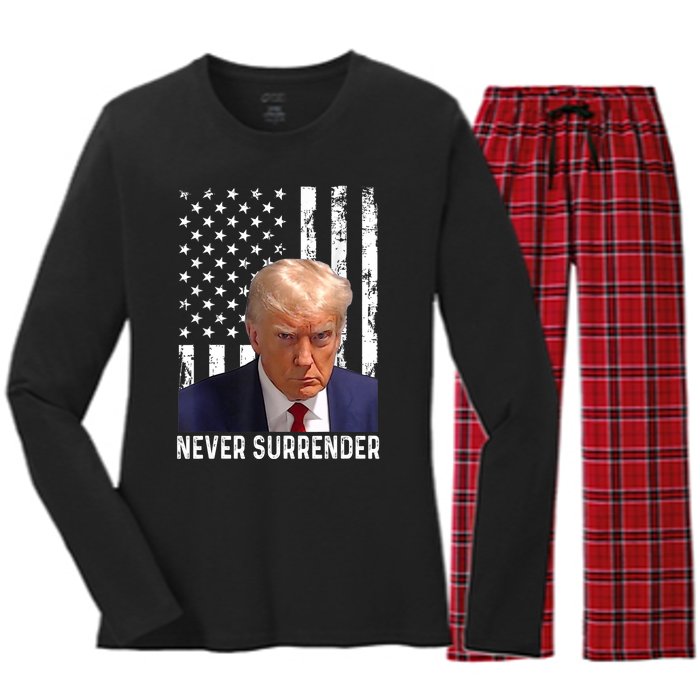 Trump Mug Shot Donald Trump Mug Shot Never Surrender Women's Long Sleeve Flannel Pajama Set 