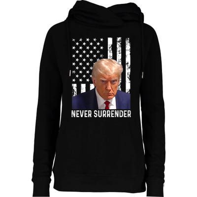 Trump Mug Shot Donald Trump Mug Shot Never Surrender Womens Funnel Neck Pullover Hood