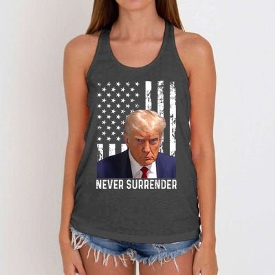 Trump Mug Shot Donald Trump Mug Shot Never Surrender Women's Knotted Racerback Tank