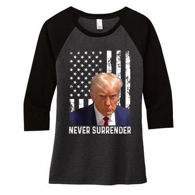 Trump Mug Shot Donald Trump Mug Shot Never Surrender Women's Tri-Blend 3/4-Sleeve Raglan Shirt